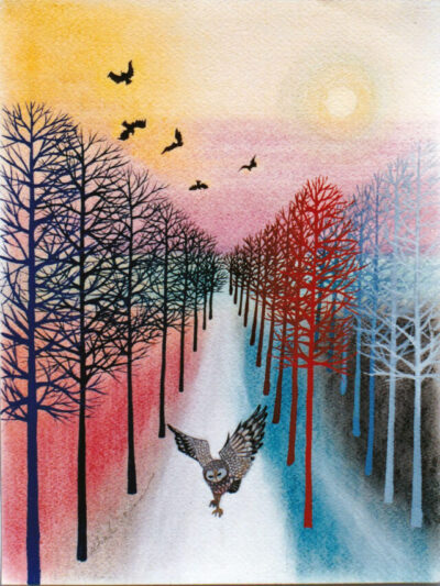 an owl flies down ranks of tress in the twilight