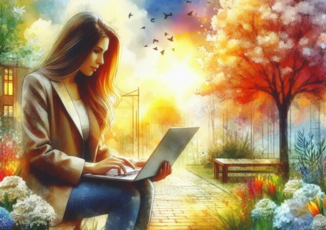 a young woman creates her digital future in a beautiful environment with her lap top and paint brush