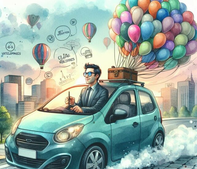 a snazzy small car hurtles along the road with its driver in a state of elation pulling behind it hundreds of colourful balloons.