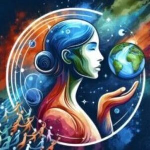 a beautiful woman holds the Earth in her hands and leads the digital community - F-H-L logo