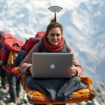 a woman treks in the Himalayas using an amazing wifi device