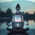 a woman sits in front of her illuminated laptop by a lake meditating