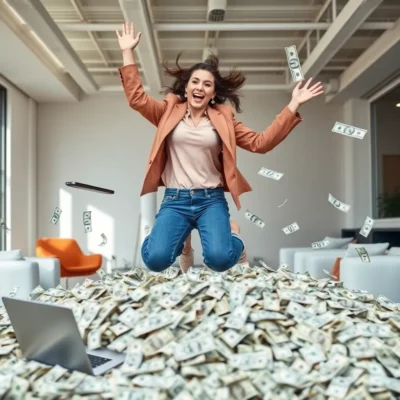 An ecstatic woman jumps in hte air and lands in a huge pile on bank notes.